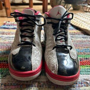 Nike Air Black and Red Sneakers with Glossy and Textured Design 7Y